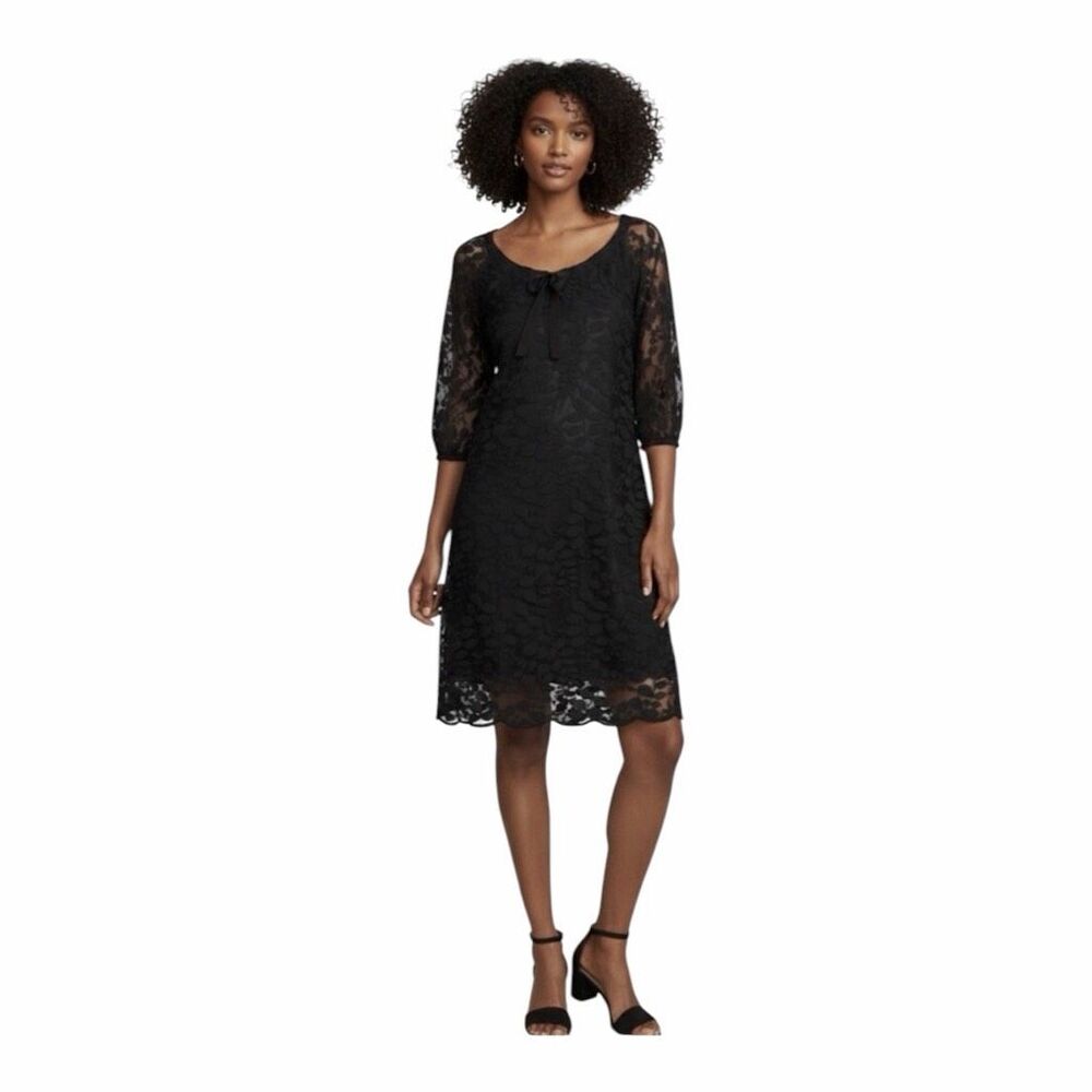 Garnet Hill Boheme Easy Lace Dress Black 3/4 Bishop Sleeve Tie Neck SZ 10 #2667